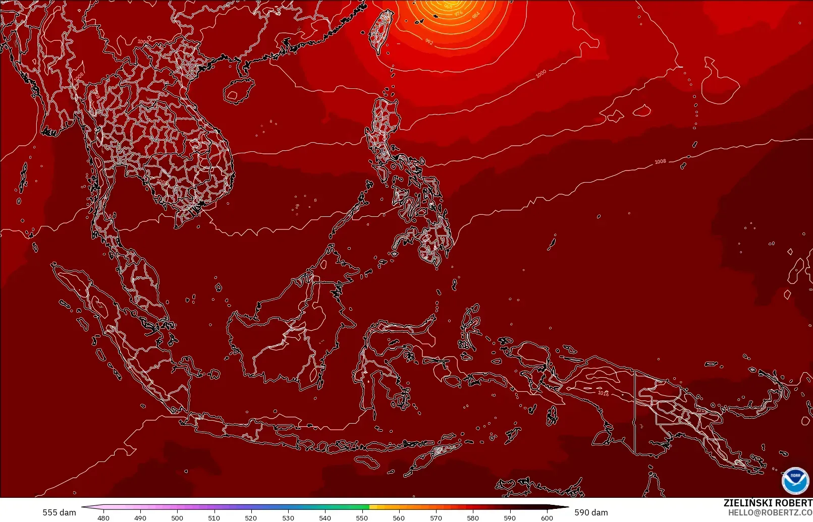 GFS modelo - Sudeste Asiático, Altura geopotencial a 500 hPa