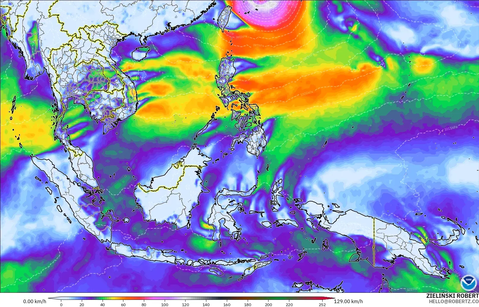 GFS modelo - Sudeste Asiático, Ráfagas de viento