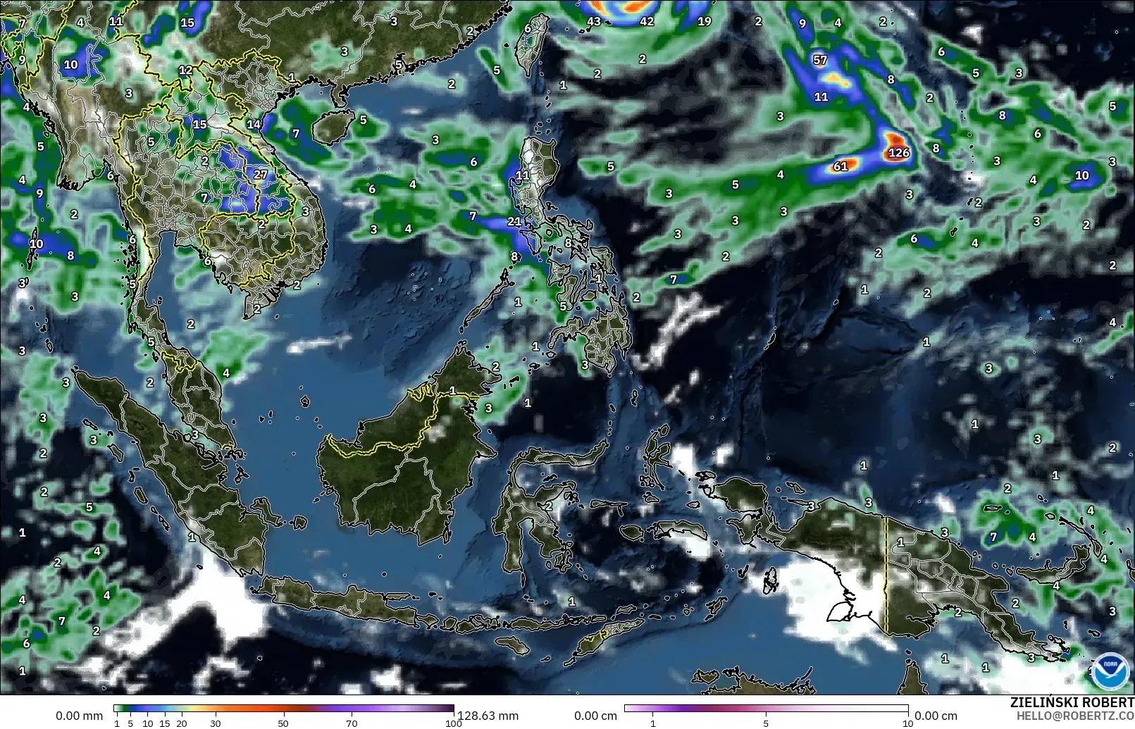GFS modelo - Sudeste Asiático, Precipitación, nubes y presión