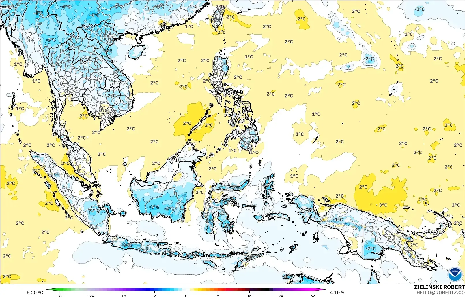GFS modelo - Sudeste Asiático, Anomalía de temperatura a 2 m
