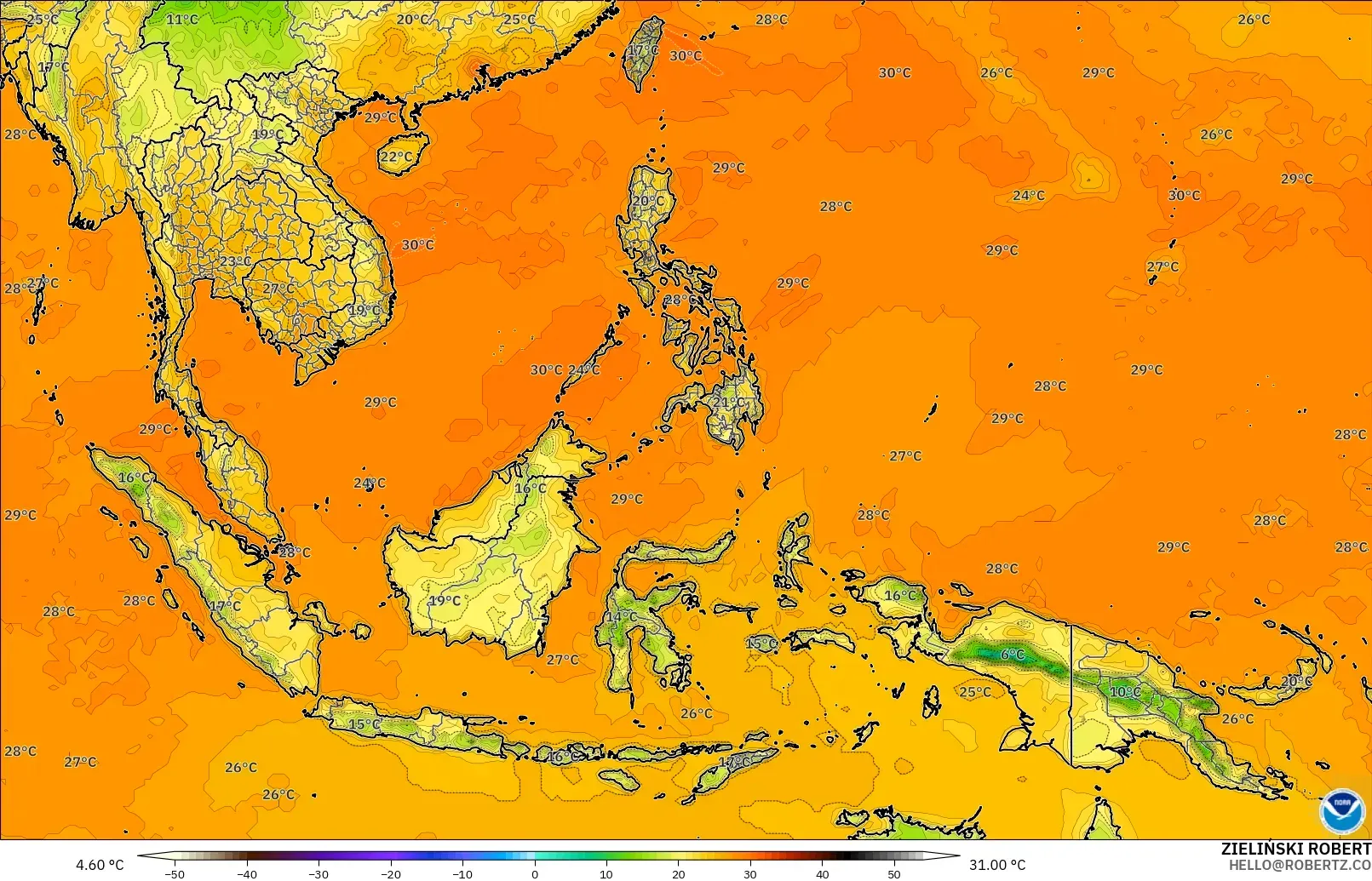 GFS modelo - Sudeste Asiático, Temperatura a 2 m