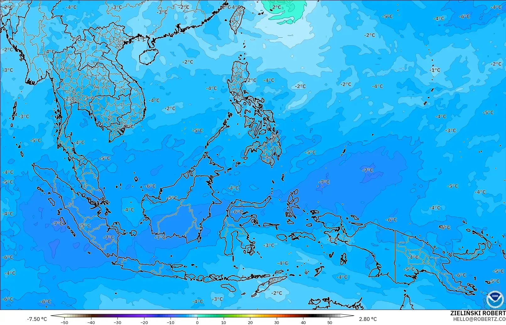 GFS modelo - Sudeste Asiático, Temperatura a 500 hPa