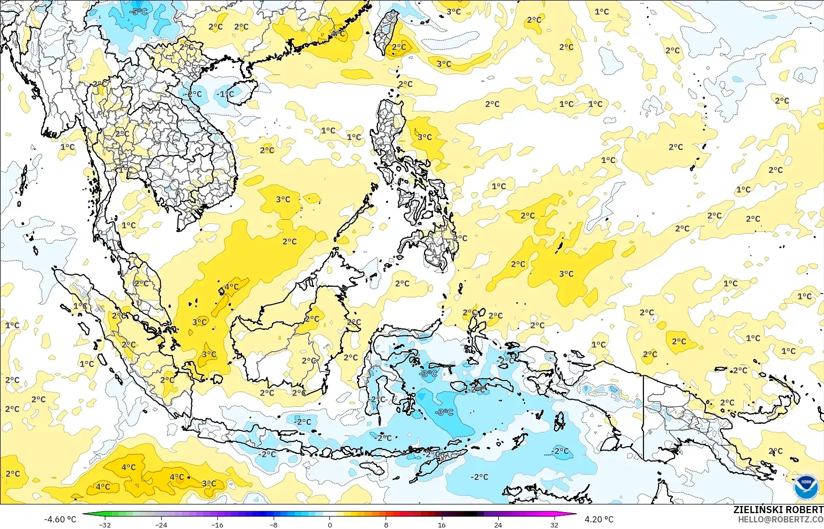 GFS modelo - Sudeste Asiático, Anomalía de temperatura a 850 hPa