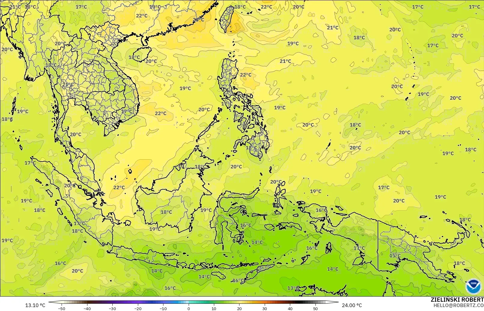 GFS modelo - Sudeste Asiático, Temperatura a 850 hPa