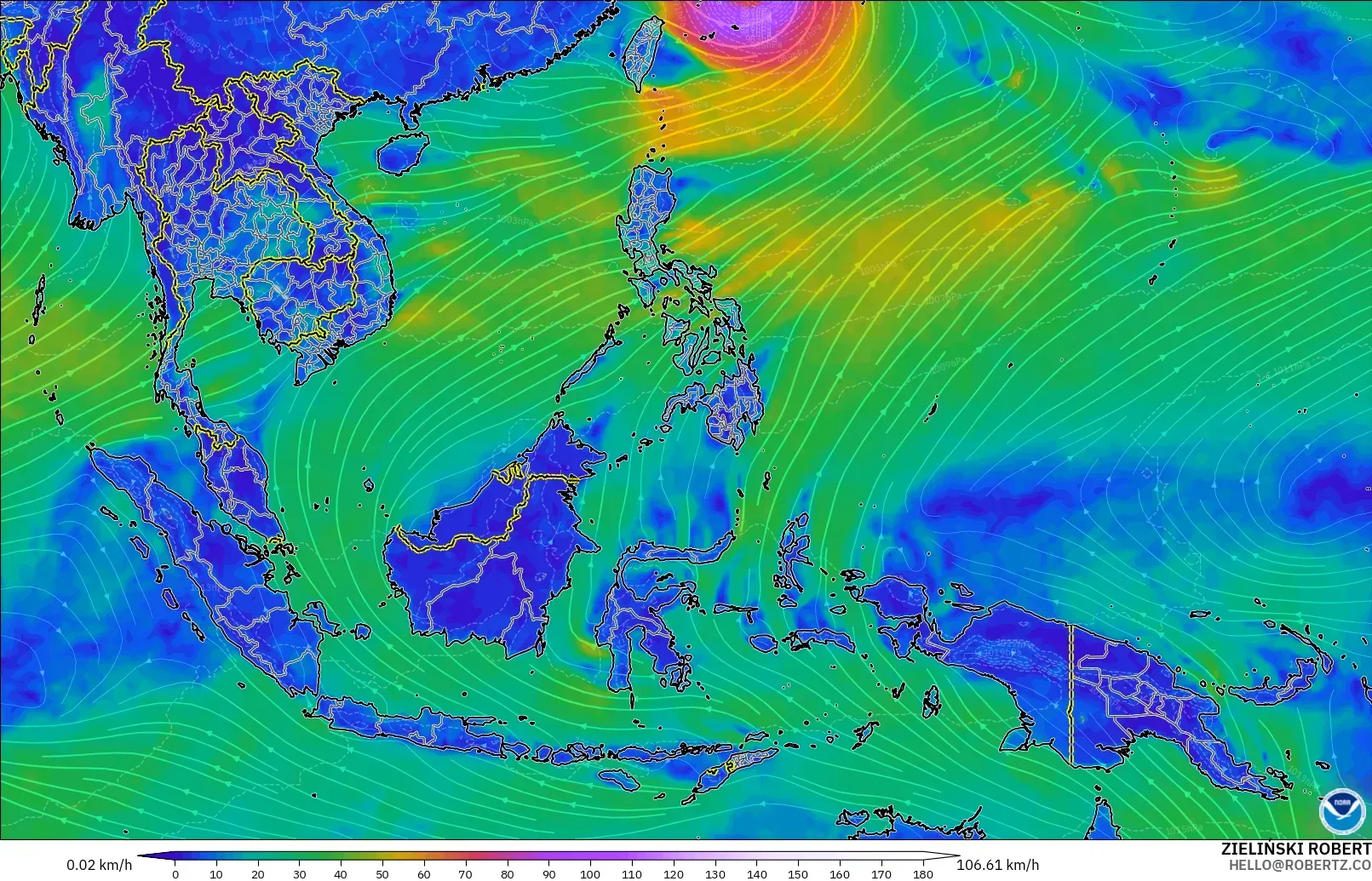GFS modelo - Sudeste Asiático, Viento a 10 m