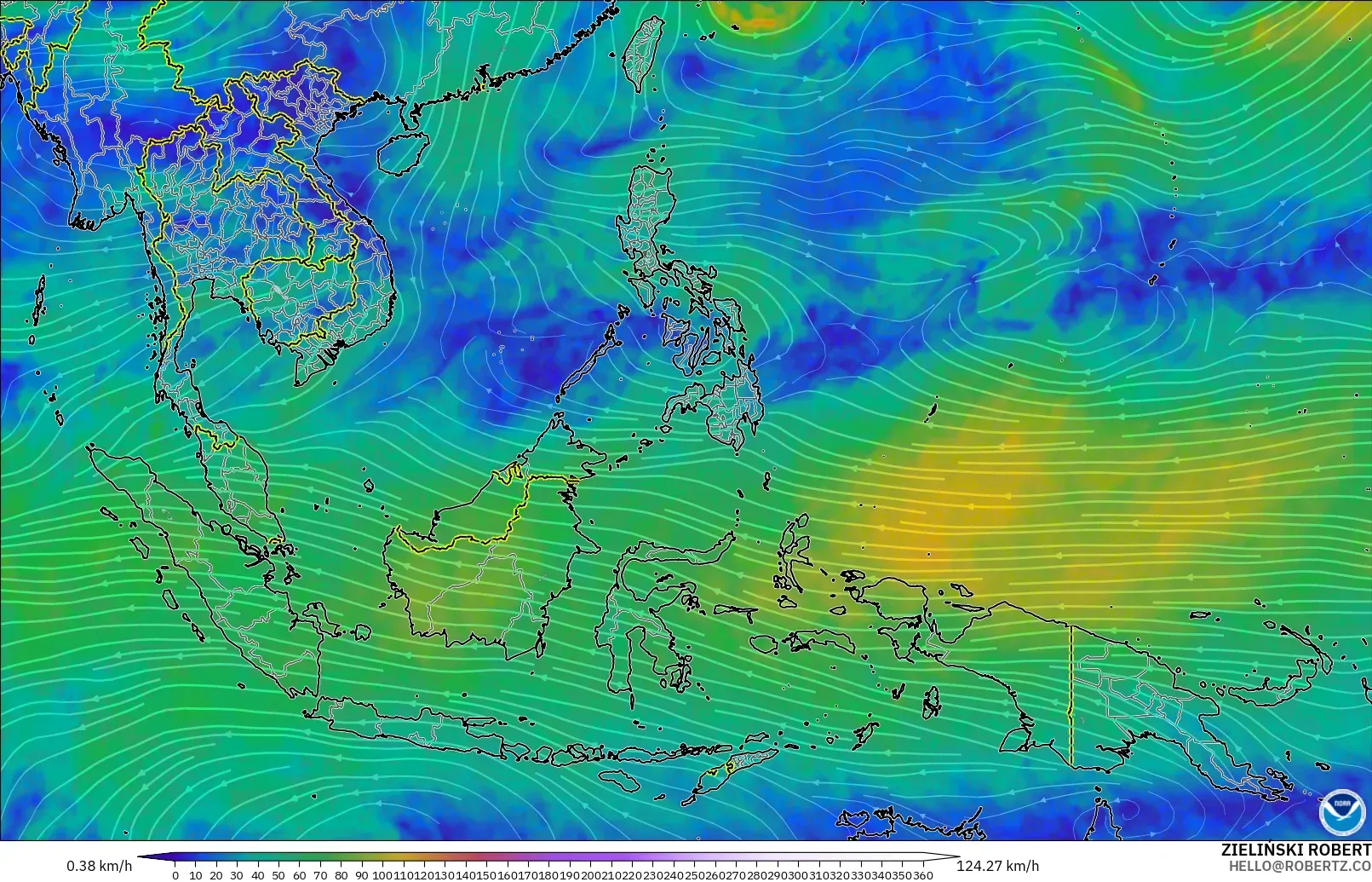 GFS modelo - Sudeste Asiático, Viento a 300 hPa (corriente en chorro)
