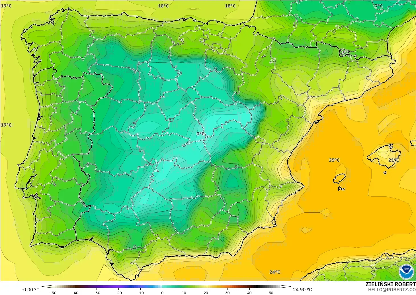 GFS modelo - España, Punto de rocío a 2 m