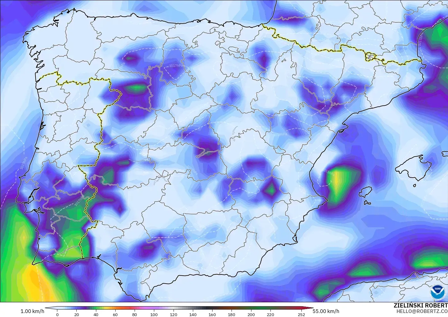 GFS modelo - España, Ráfagas de viento