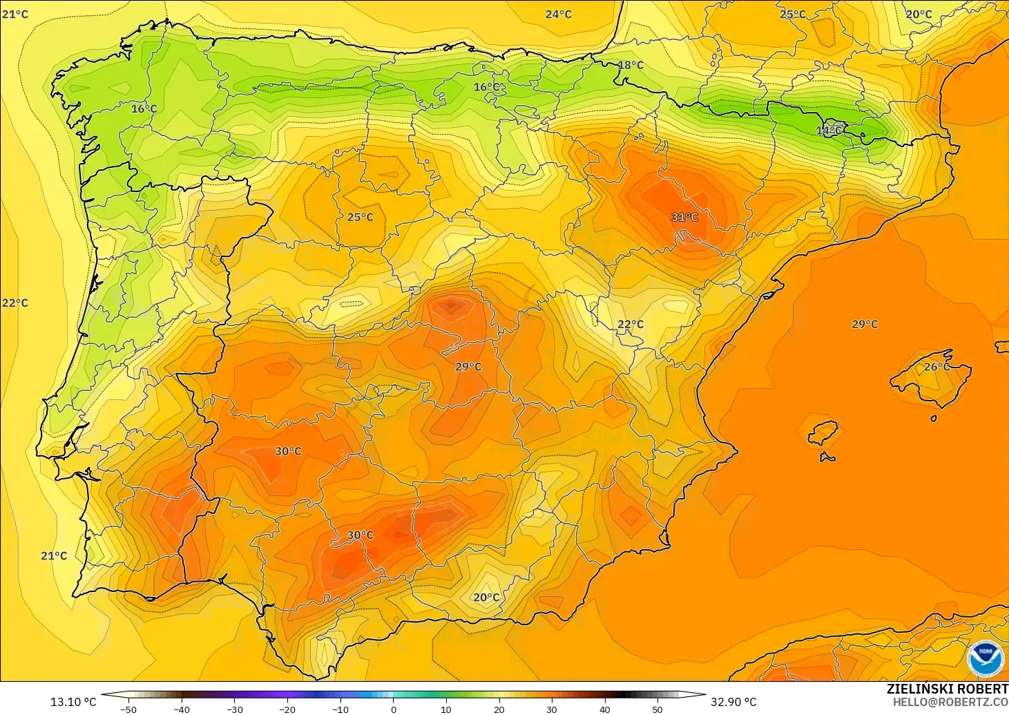 GFS modelo - España, Temperatura a 2 m