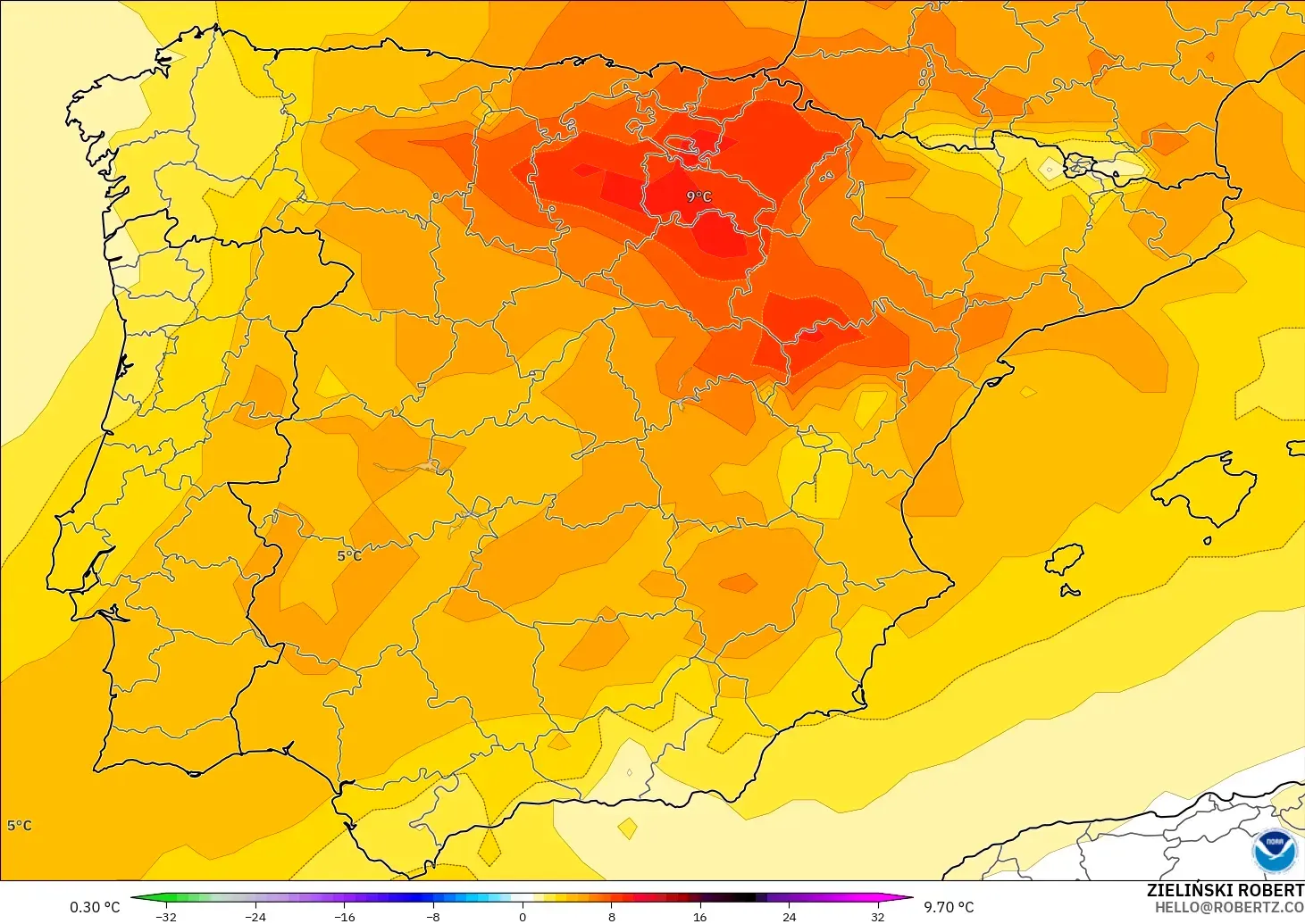 GFS modelo - España, Anomalía de temperatura a 850 hPa