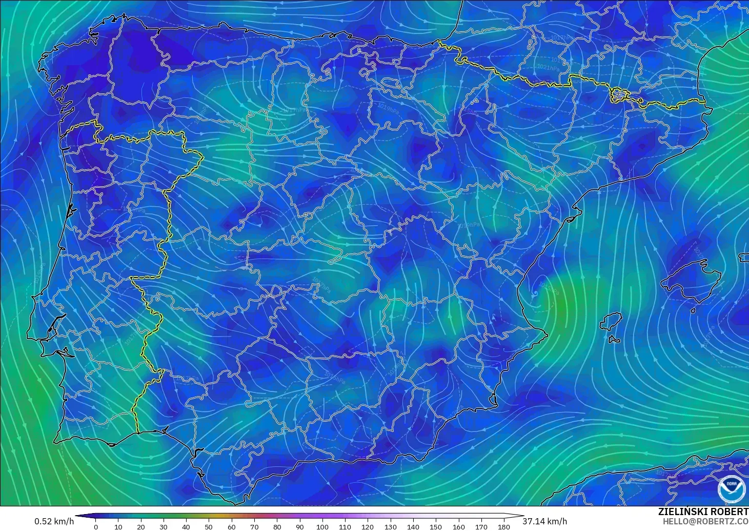 GFS modelo - España, Viento a 10 m