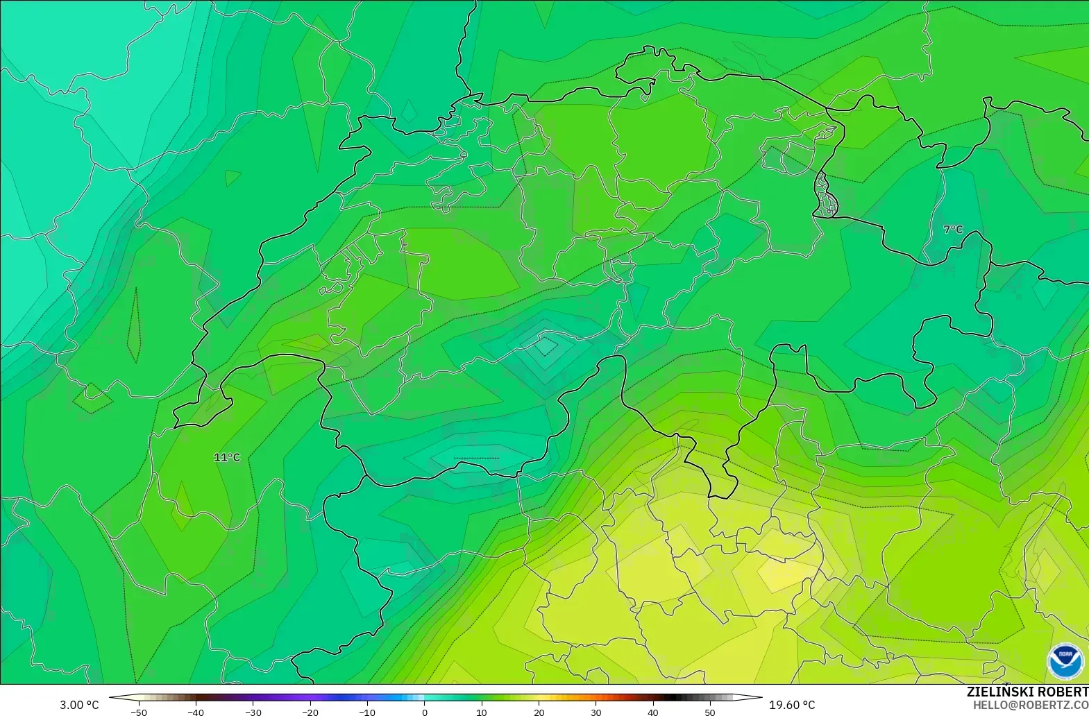 GFS modelo - Suiza, Punto de rocío a 2 m