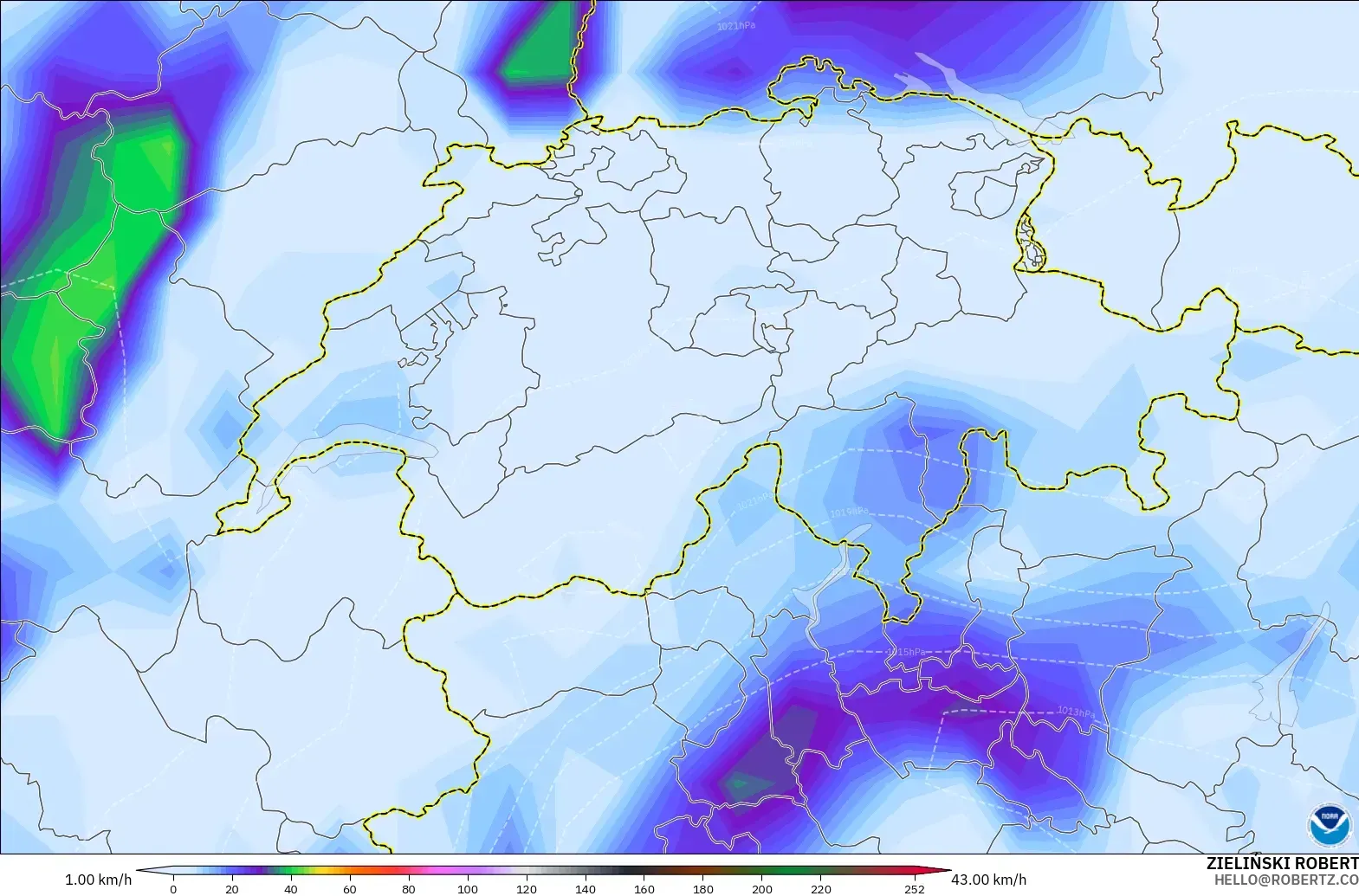 GFS modelo - Suiza, Ráfagas de Viento Máximas