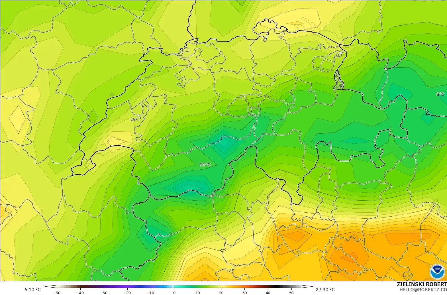 GFS modelo - Suiza, Temperatura a 2 m