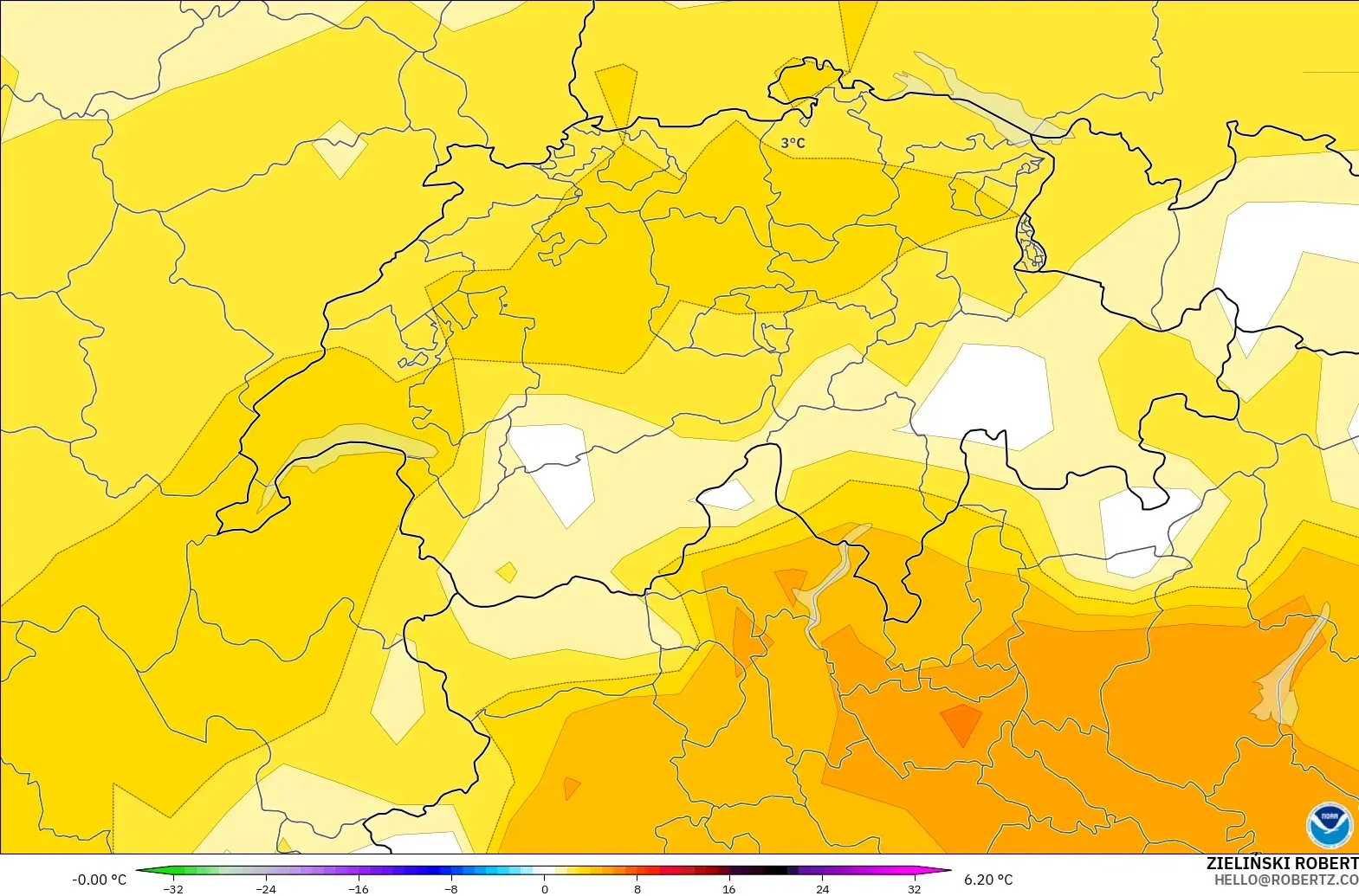 GFS modelo - Suiza, Anomalía de temperatura a 850 hPa