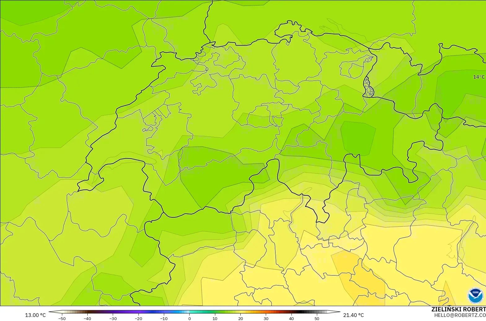 GFS modelo - Suiza, Temperatura a 850 hPa