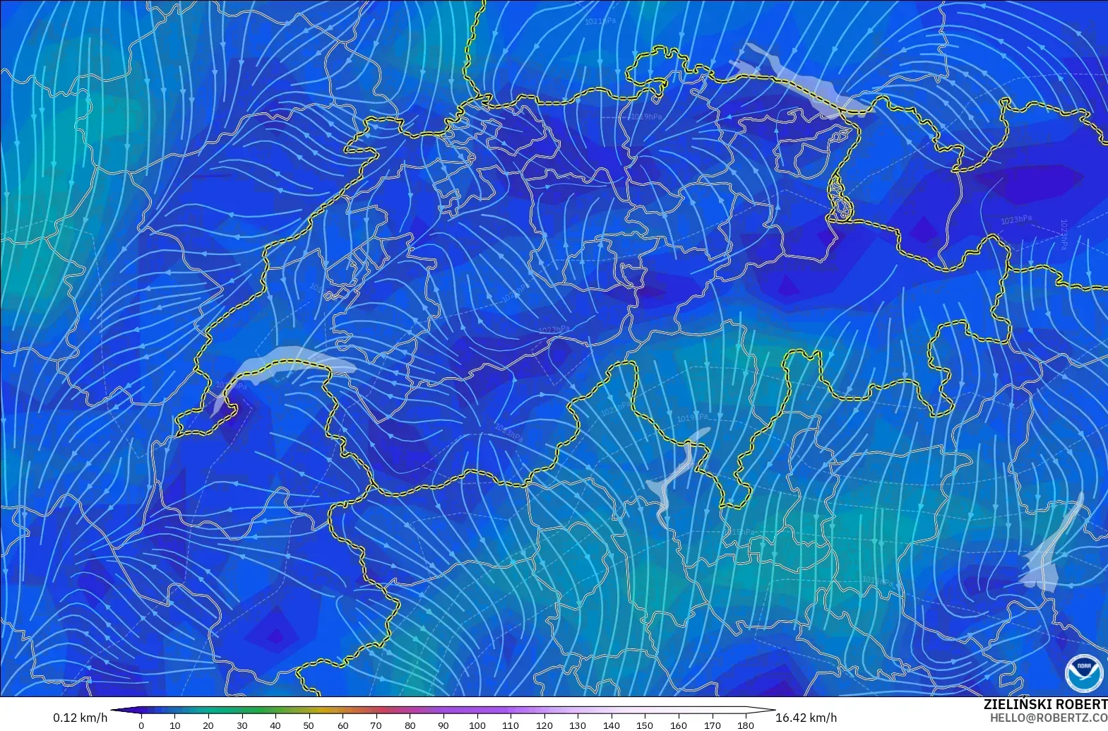 GFS modelo - Suiza, Viento a 10 m