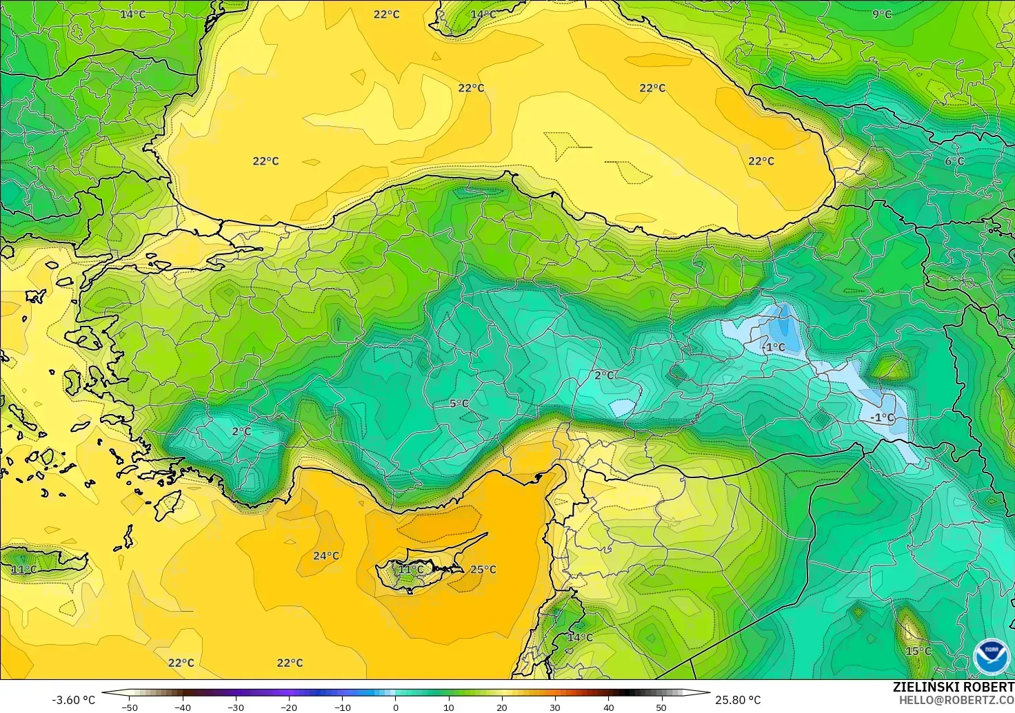 GFS modelo - Turquía, Punto de rocío a 2 m