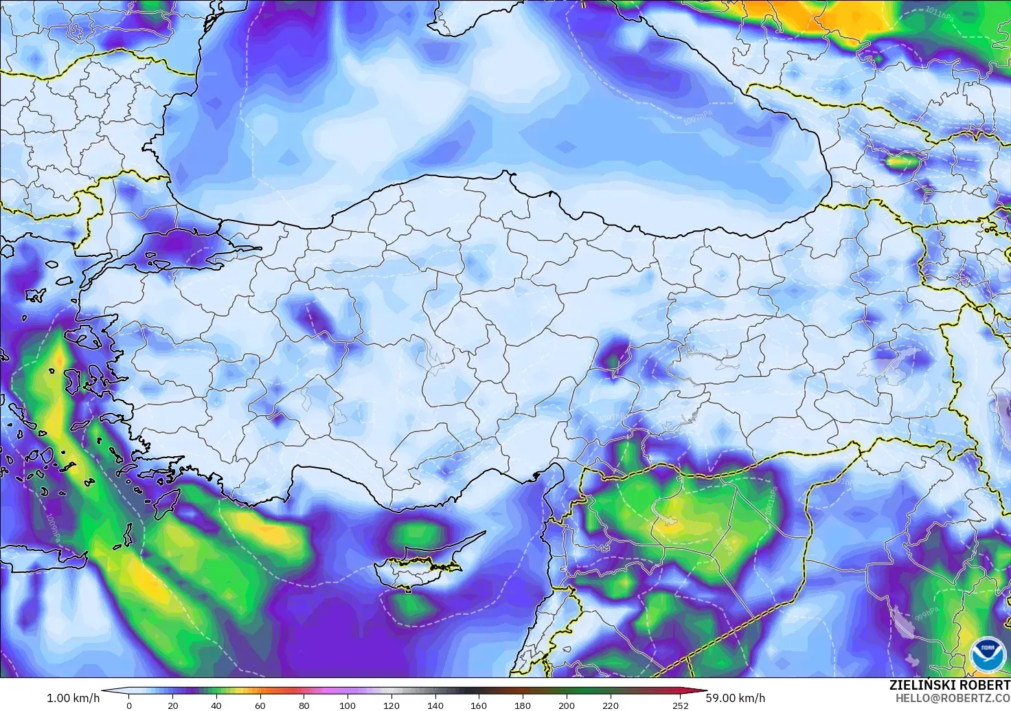 GFS modelo - Turquía, Ráfagas de viento