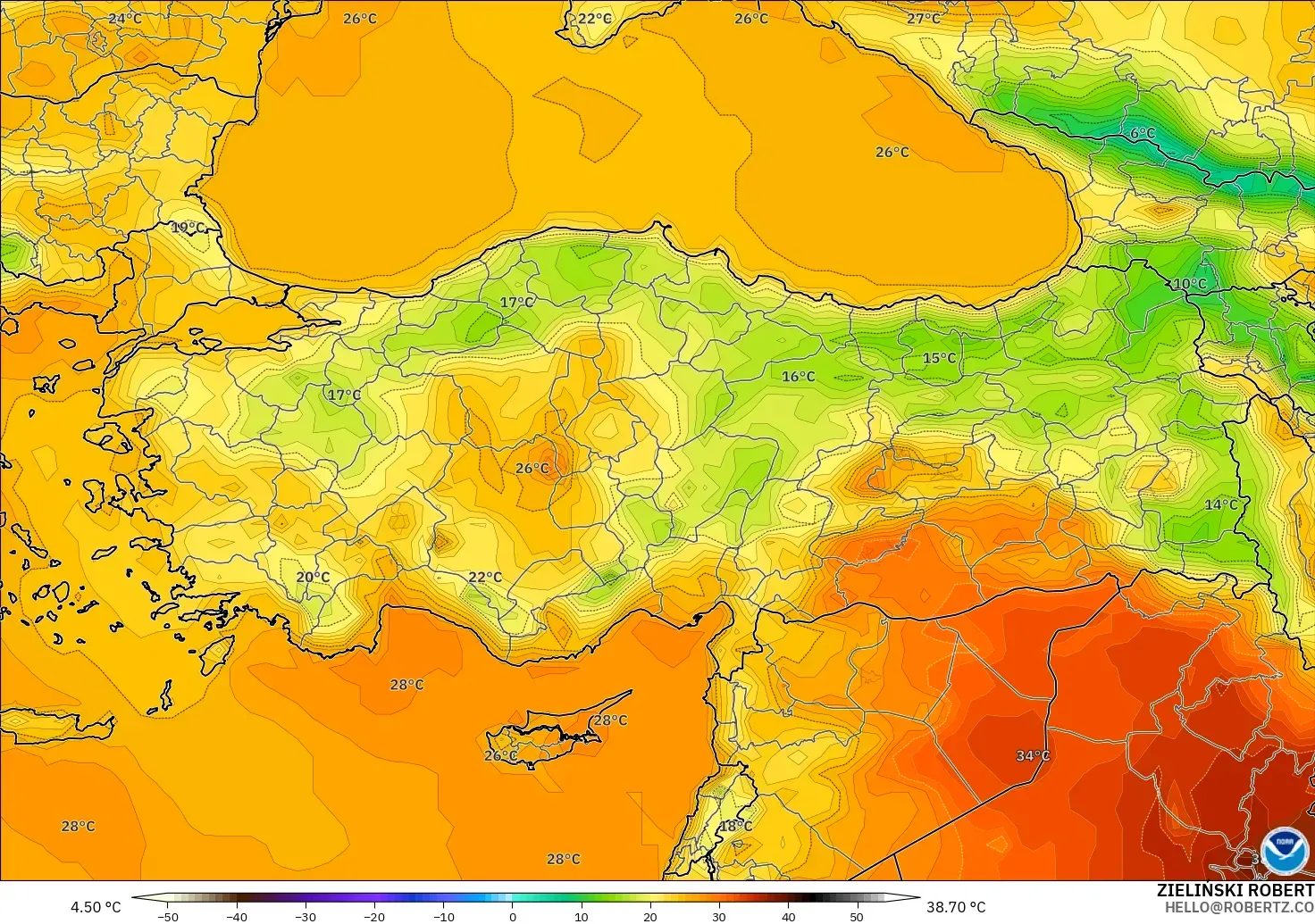 GFS modelo - Turquía, Temperatura a 2 m