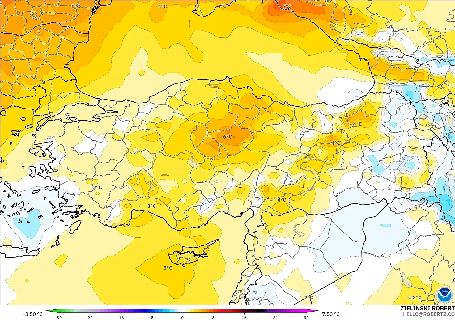 GFS modelo - Turquía, Anomalía de temperatura a 850 hPa