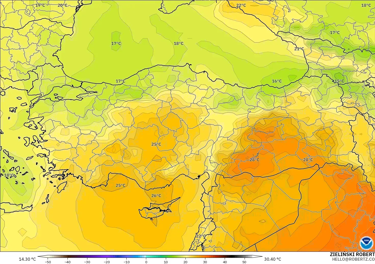 GFS modelo - Turquía, Temperatura a 850 hPa
