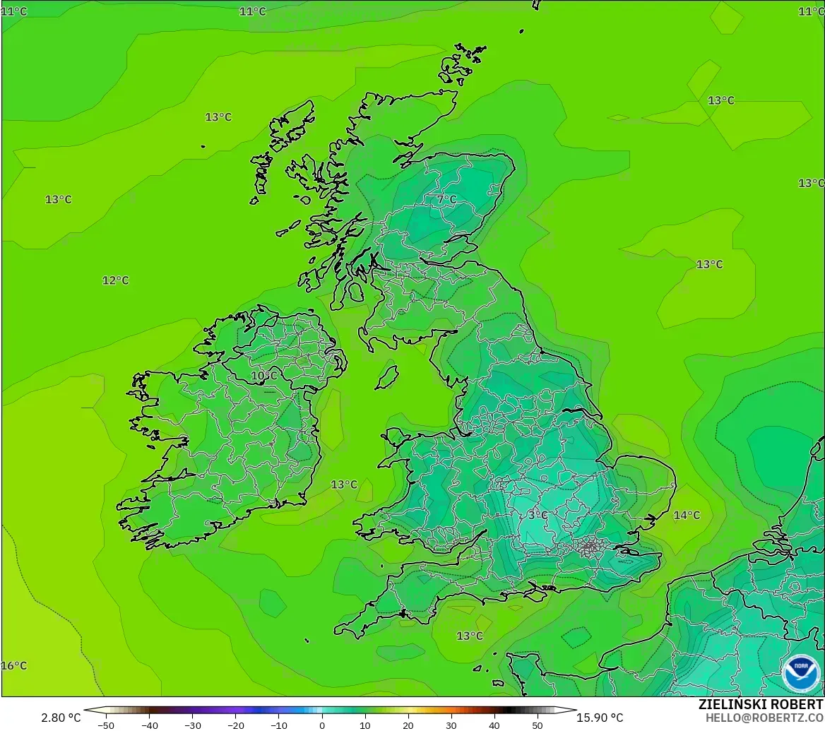 GFS modelo - Reino Unido, Punto de rocío a 2 m