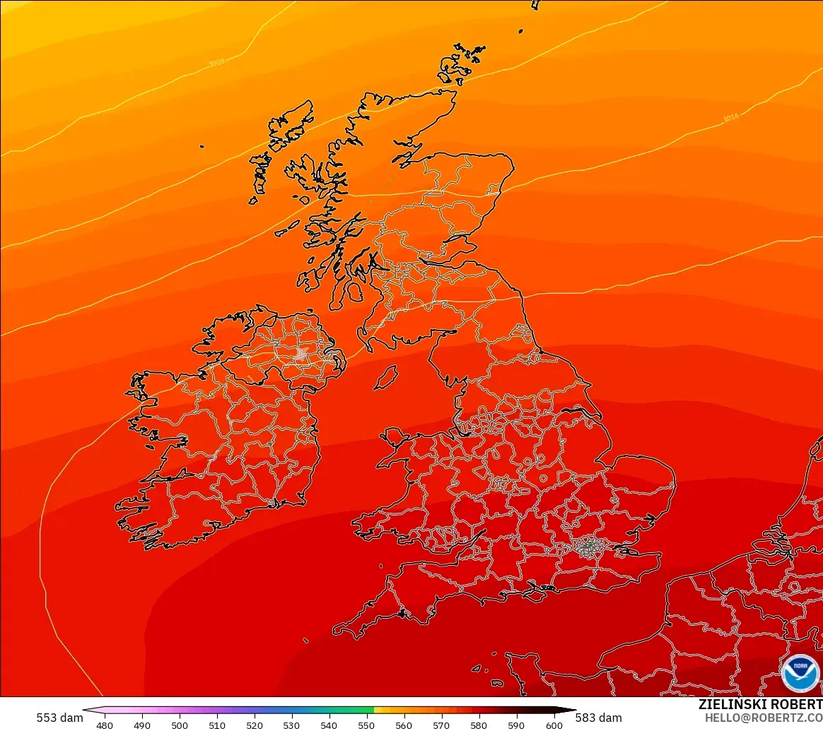 GFS modelo - Reino Unido, Altura geopotencial a 500 hPa