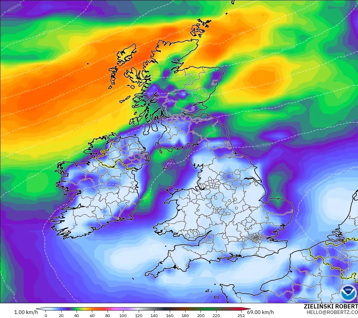 GFS modelo - Reino Unido, Ráfagas de Viento Máximas