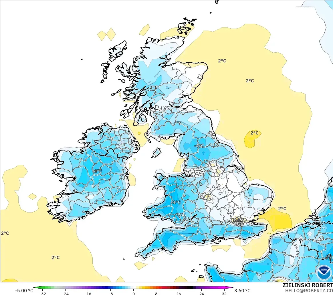 GFS modelo - Reino Unido, Anomalía de temperatura a 2 m
