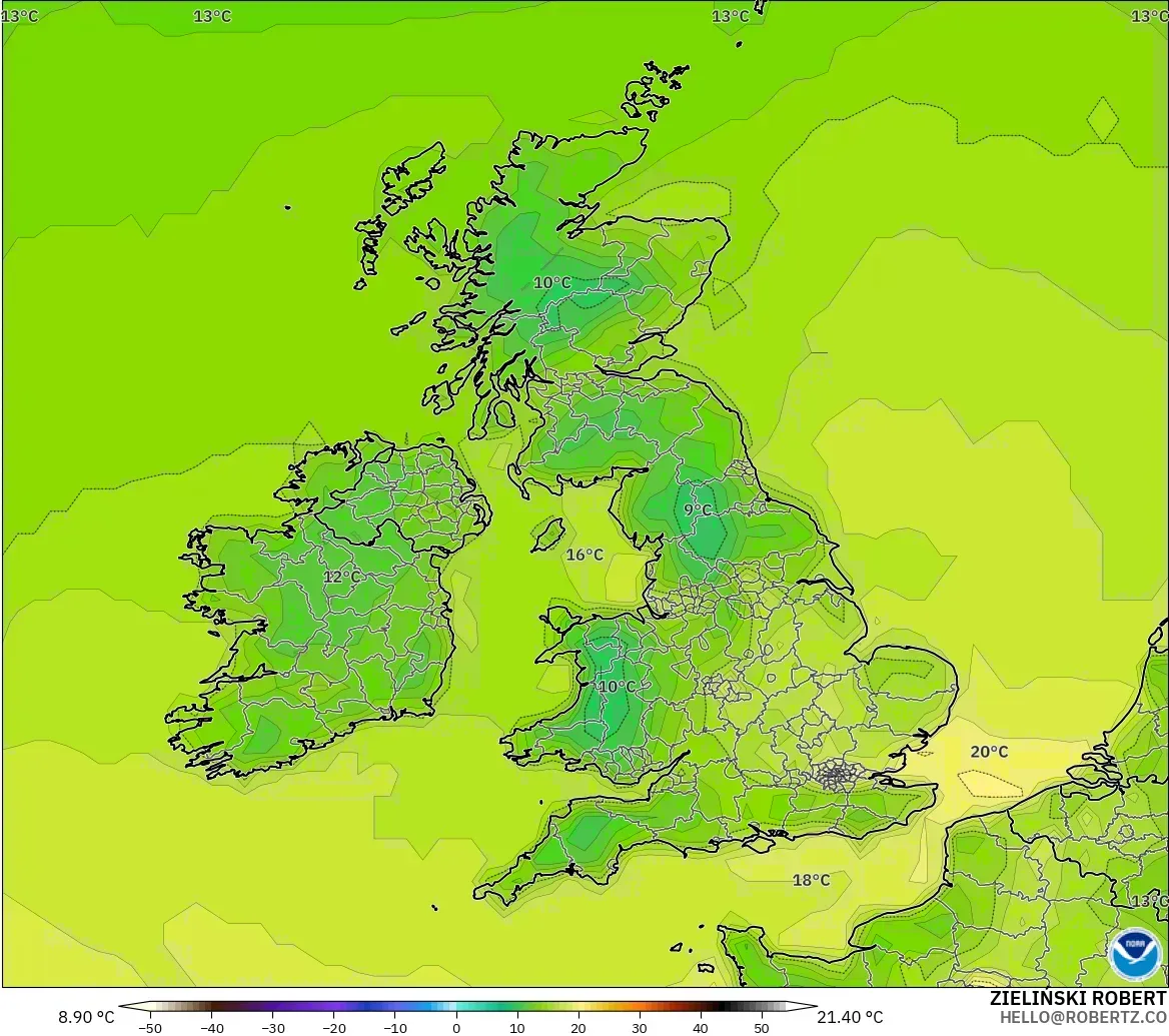 GFS modelo - Reino Unido, Temperatura a 2 m