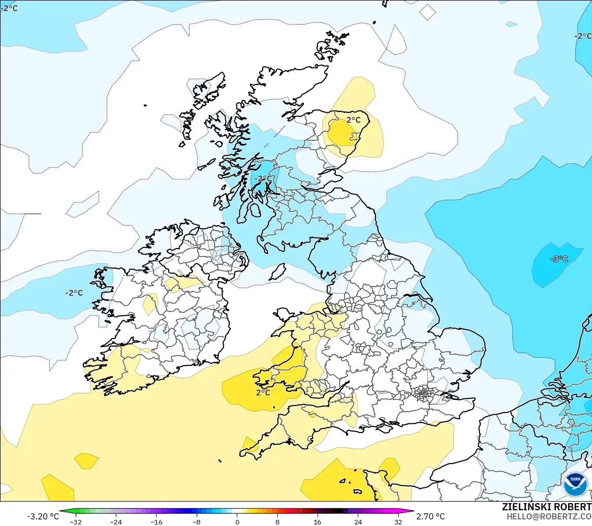 GFS modelo - Reino Unido, Anomalía de temperatura a 850 hPa