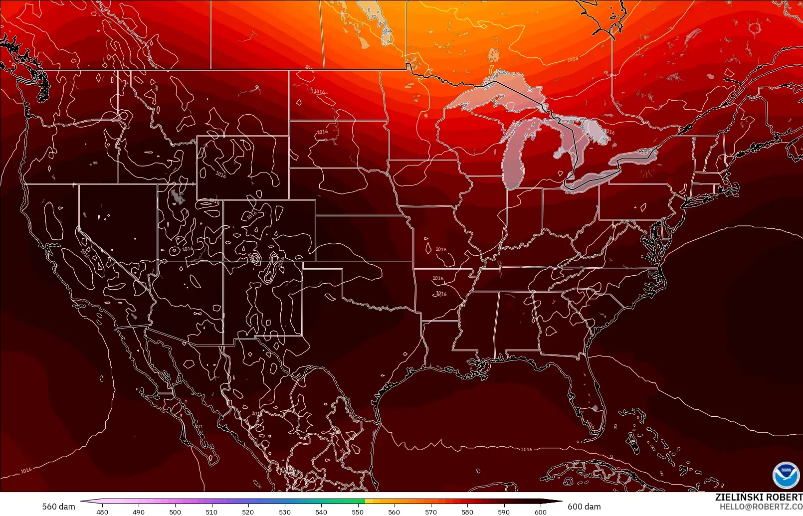 GFS modelo - Estados Unidos, Altura geopotencial a 500 hPa