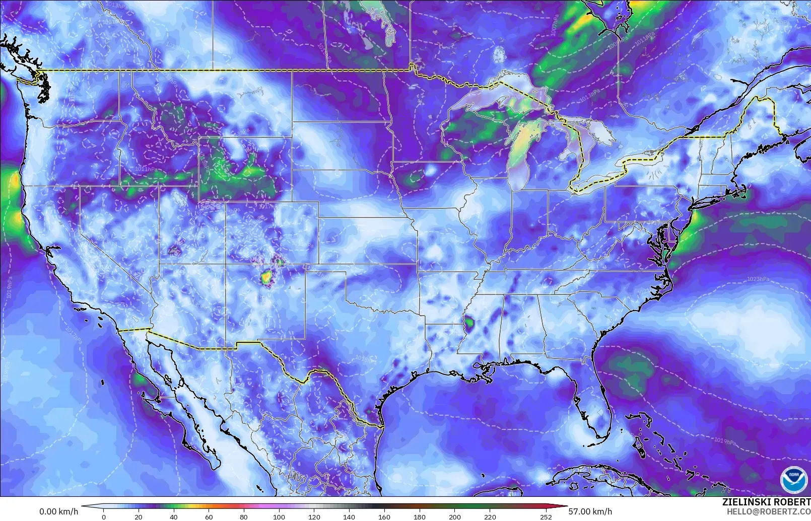 GFS modelo - Estados Unidos, Ráfagas de viento