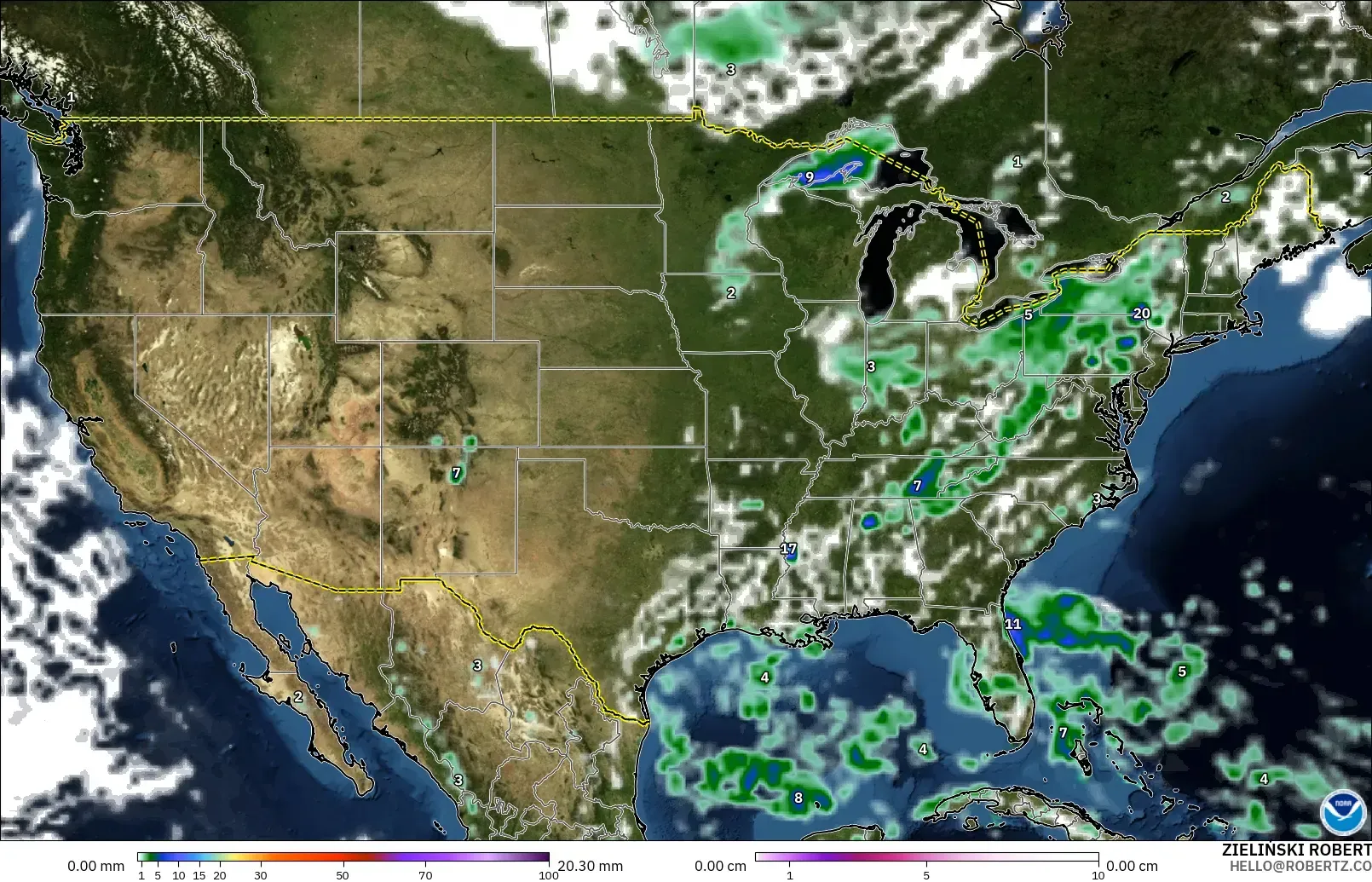 GFS modelo - Estados Unidos, Precipitación, nubes y presión