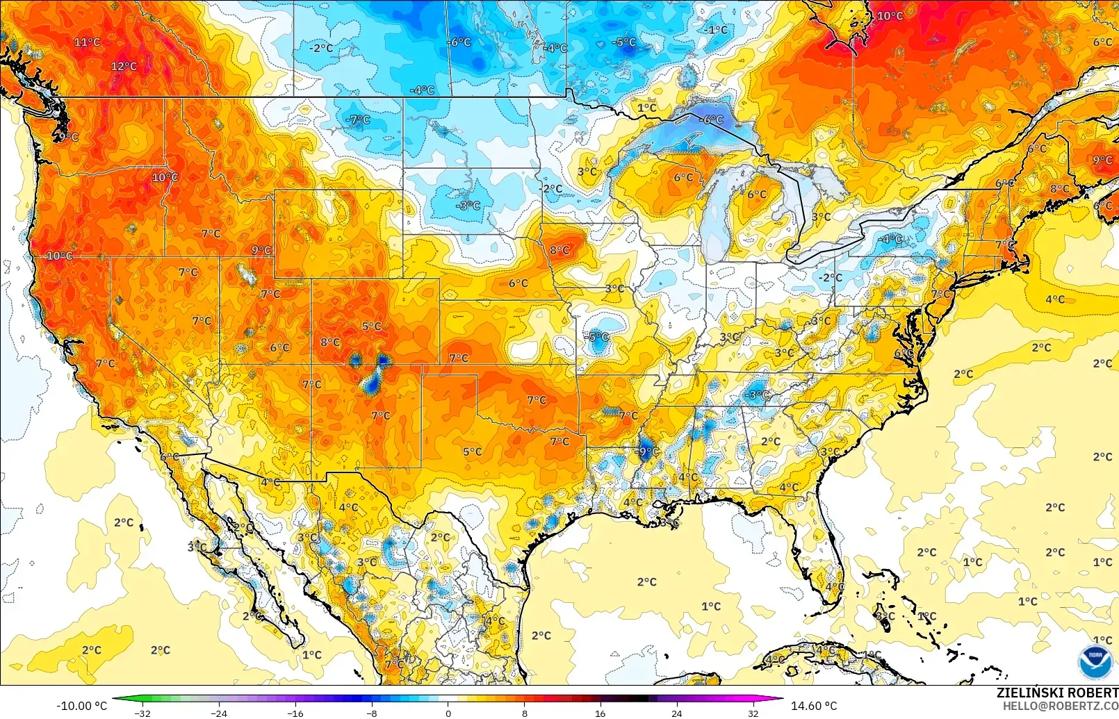 GFS modelo - Estados Unidos, Anomalía de temperatura a 2 m