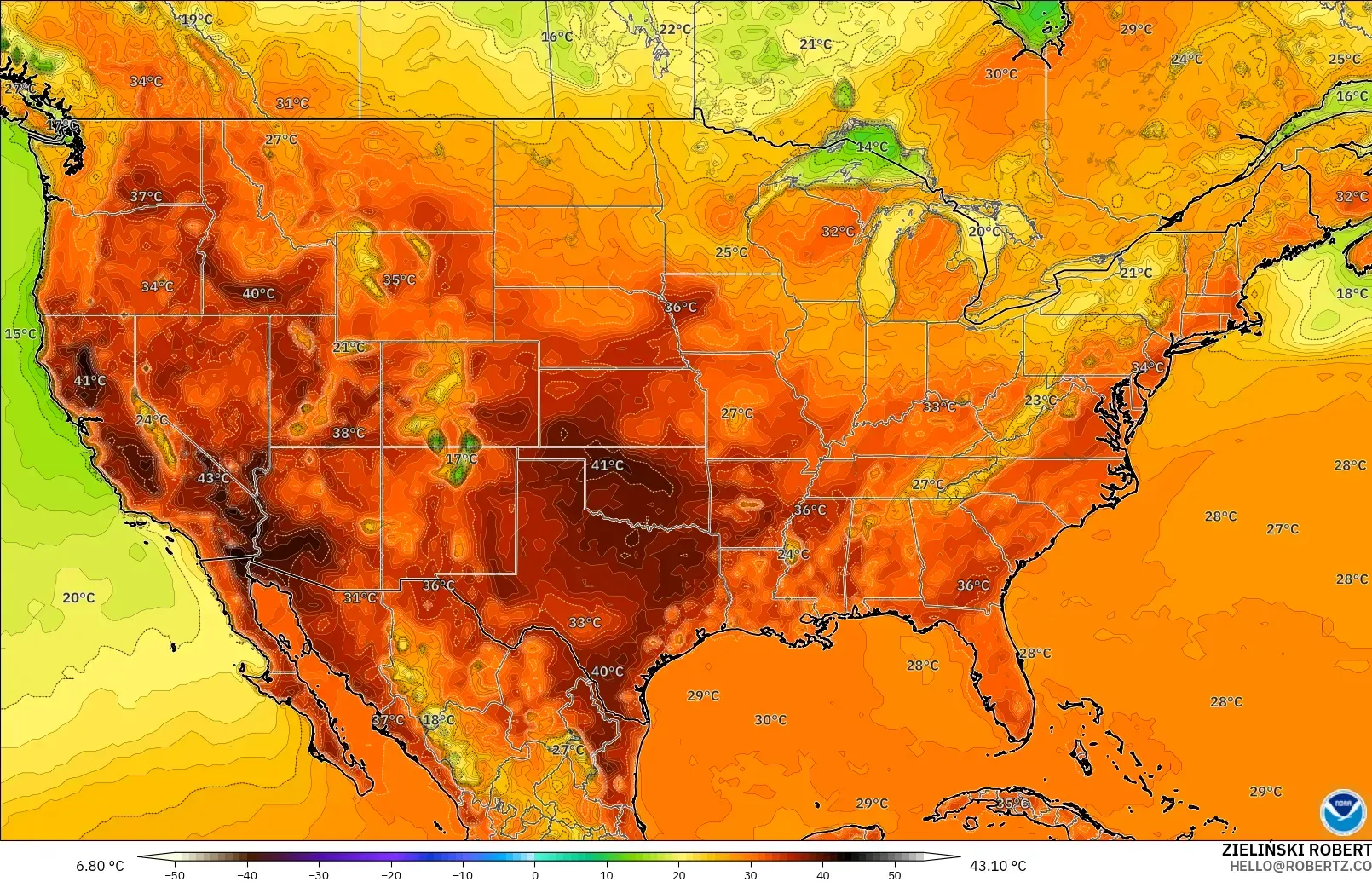 GFS modelo - Estados Unidos, Temperatura a 2 m