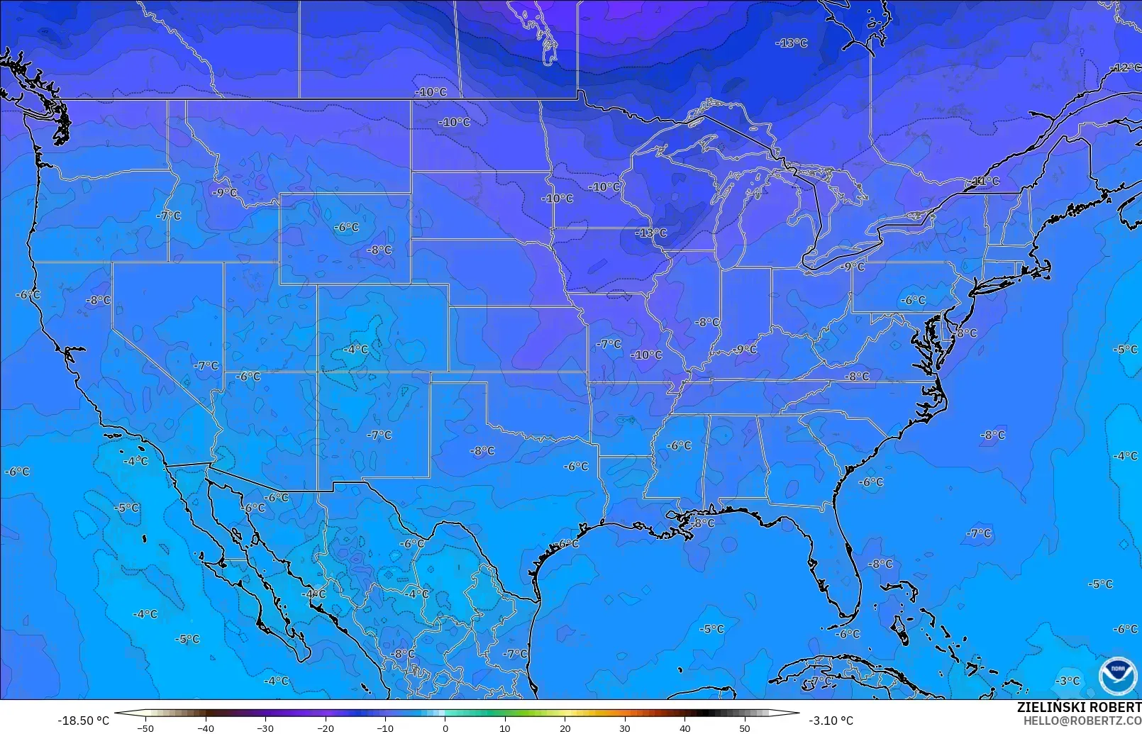 GFS modelo - Estados Unidos, Temperatura a 500 hPa