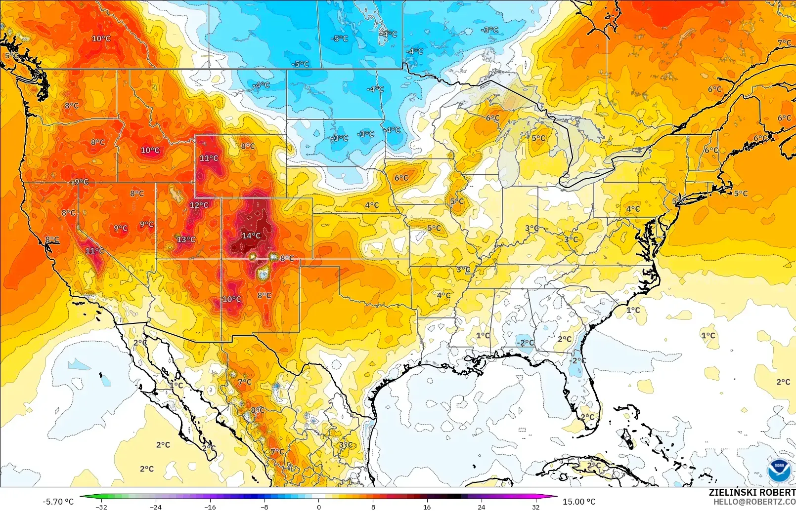 GFS modelo - Estados Unidos, Anomalía de temperatura a 850 hPa