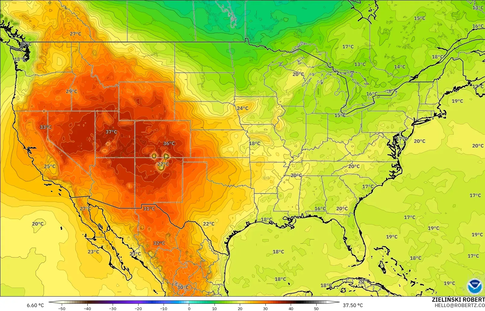 GFS modelo - Estados Unidos, Temperatura a 850 hPa