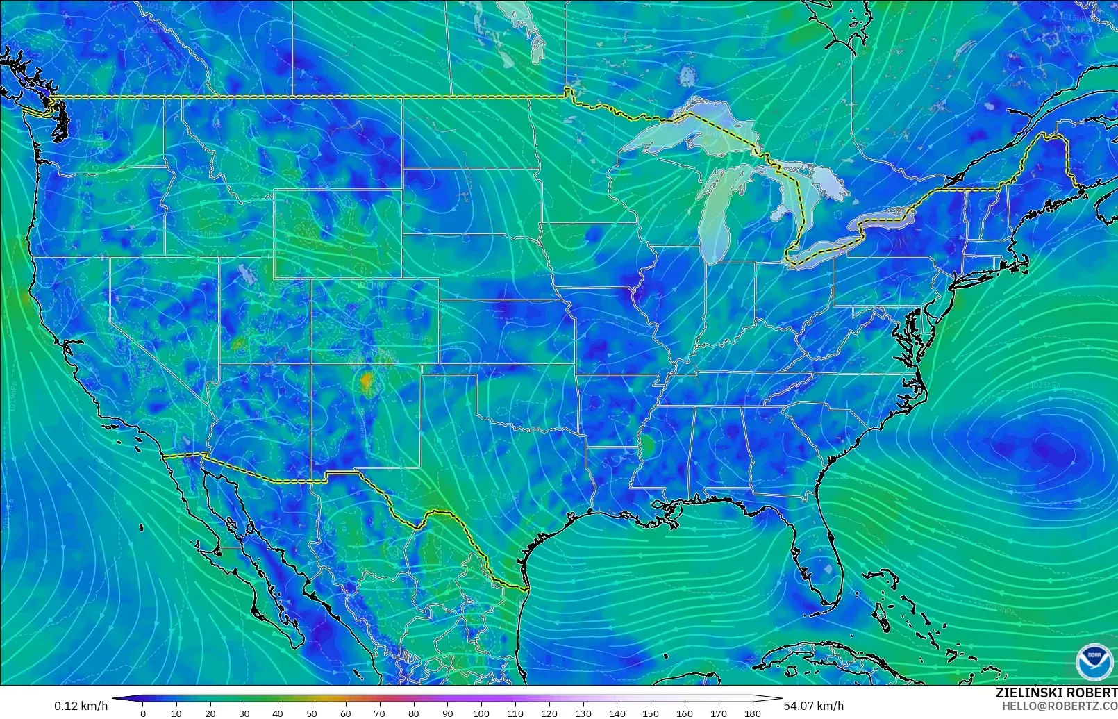 GFS modelo - Estados Unidos, Viento a 10 m