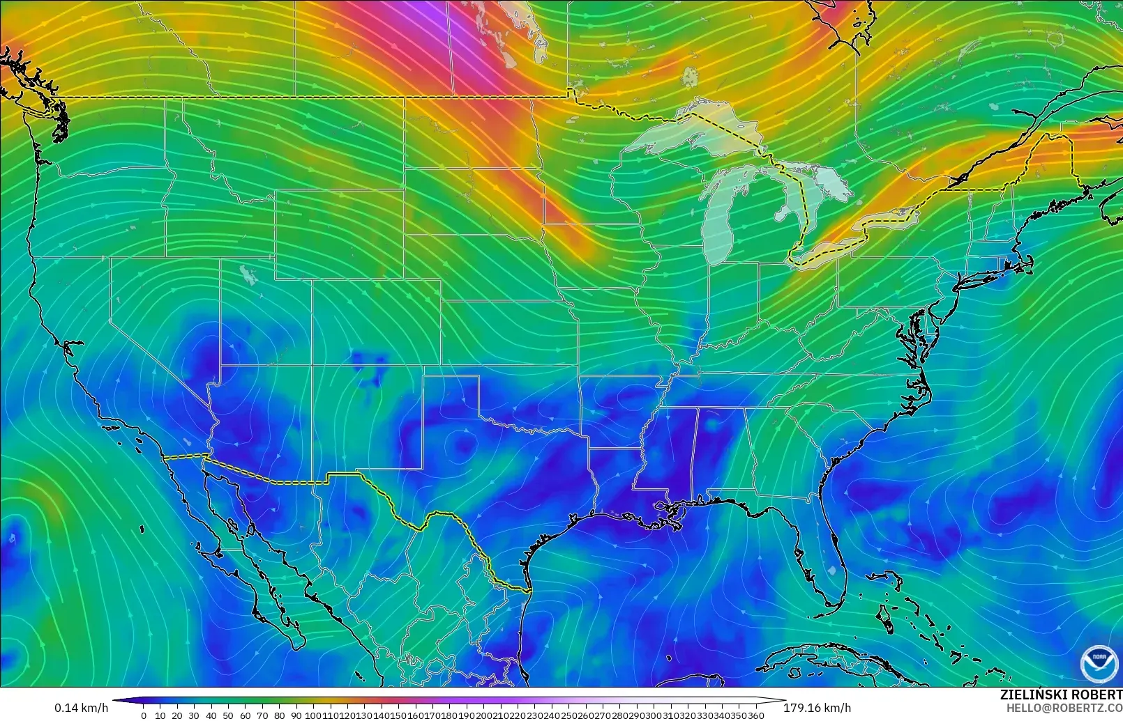 GFS modelo - Estados Unidos, Viento a 300 hPa (corriente en chorro)
