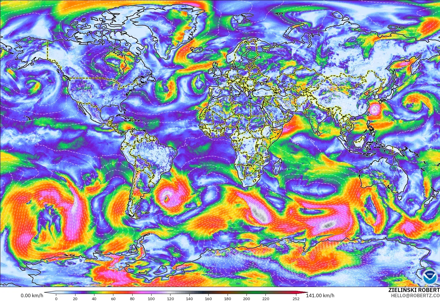 GFS modelo - Mundo, Ráfagas de viento