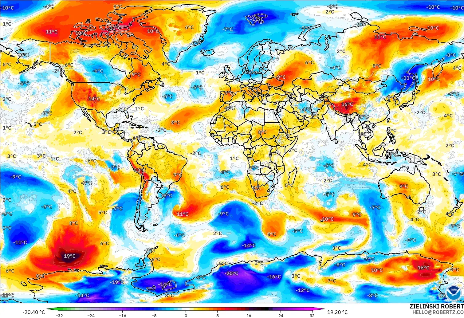 GFS modelo - Mundo, Anomalía de temperatura a 850 hPa