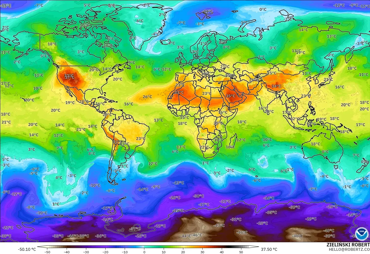 GFS modelo - Mundo, Temperatura a 850 hPa