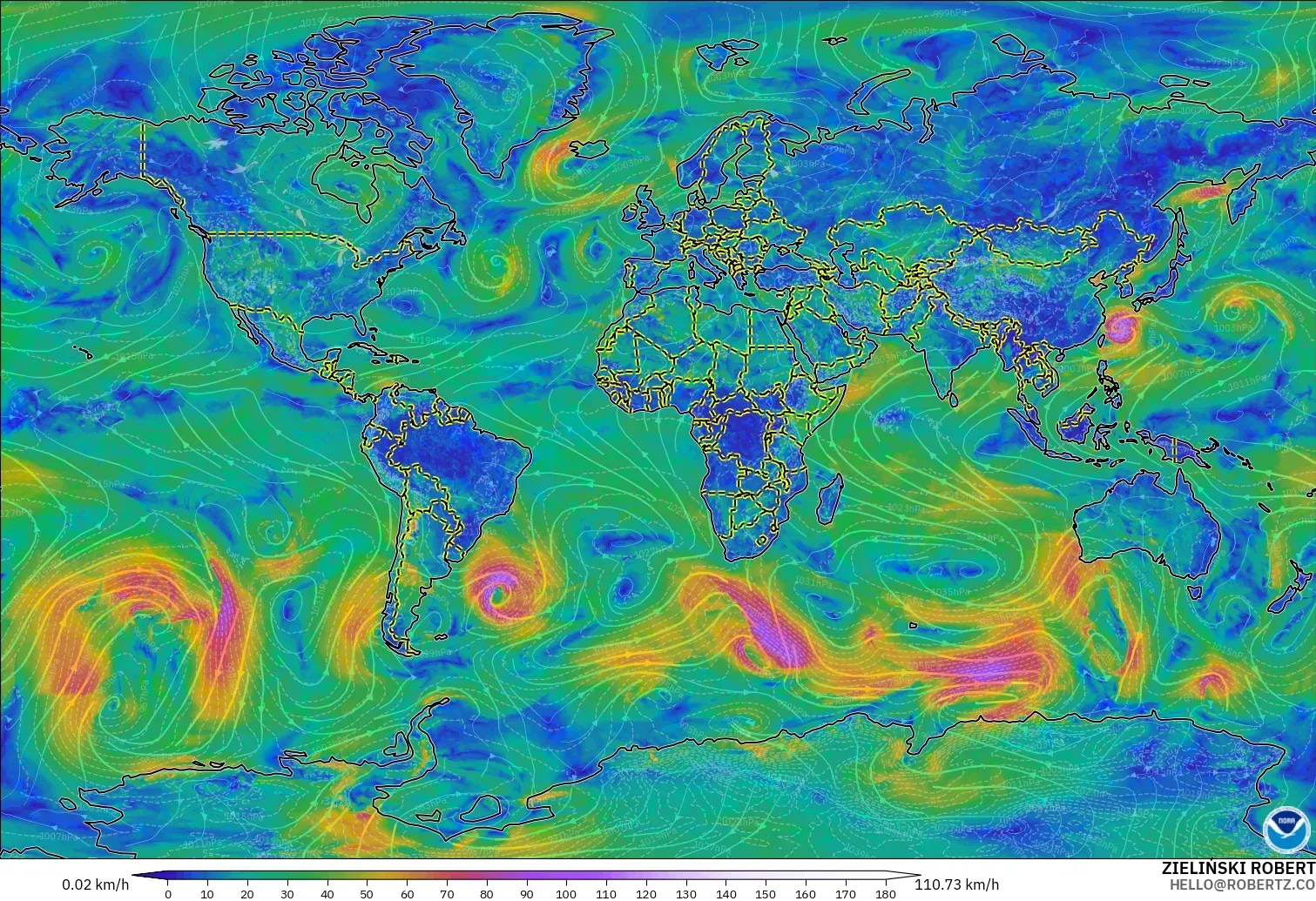 GFS modelo - Mundo, Viento a 10 m