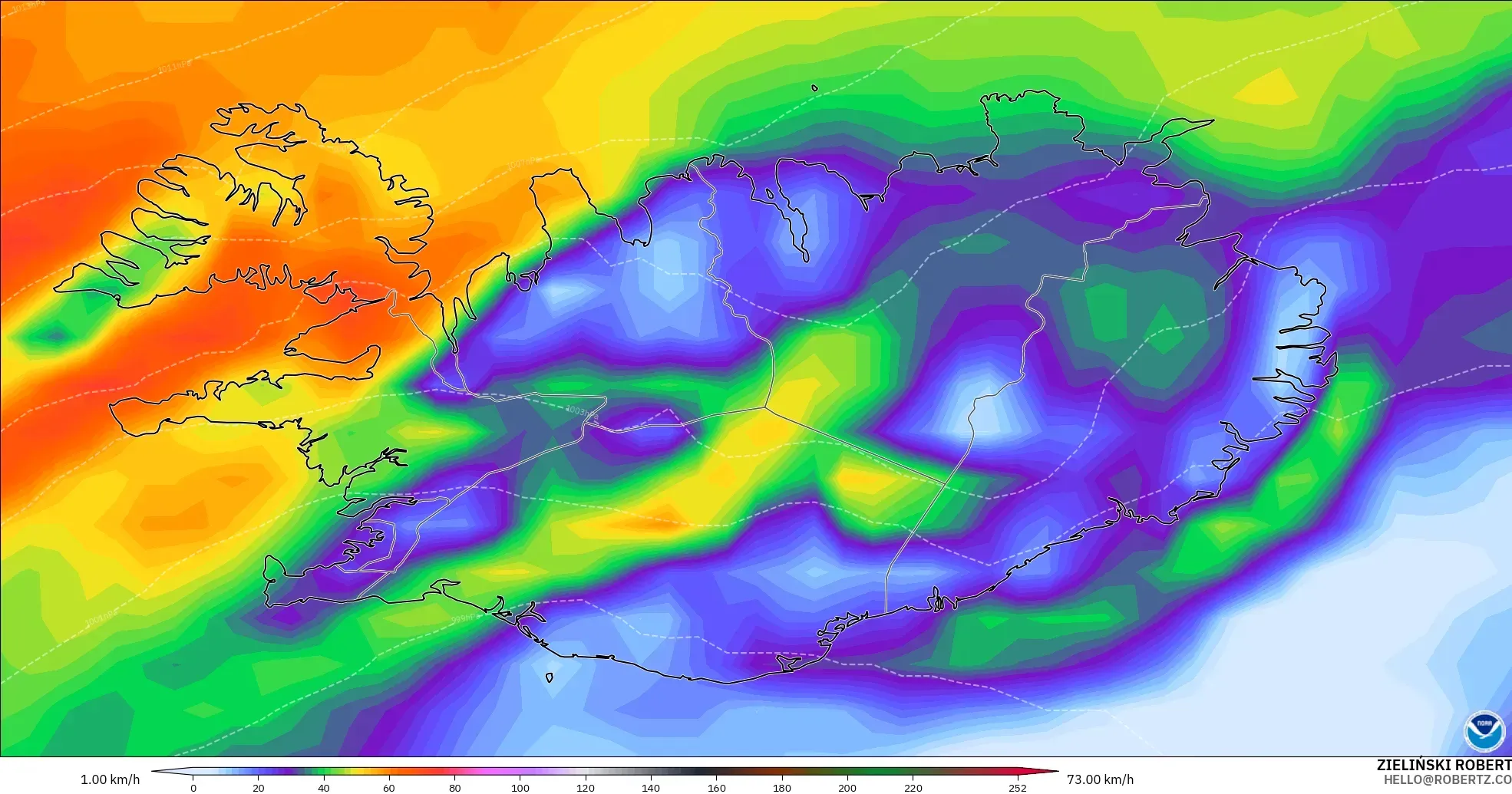 GFS modelo - Islandia, Ráfagas de viento