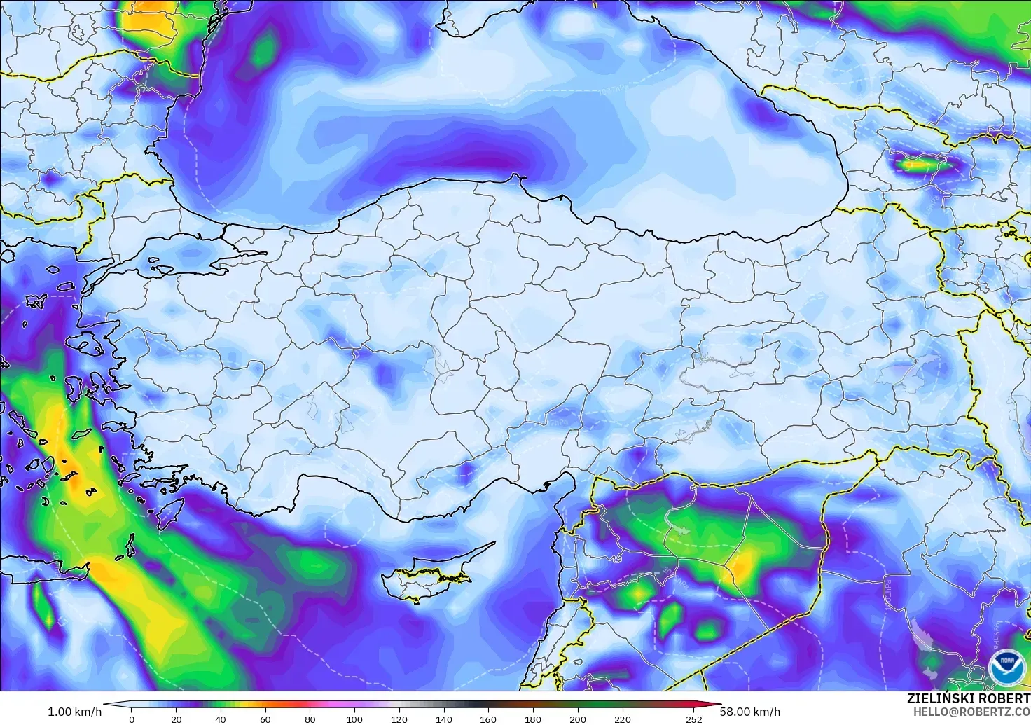 GFS modelo - Turquía, Ráfagas de viento