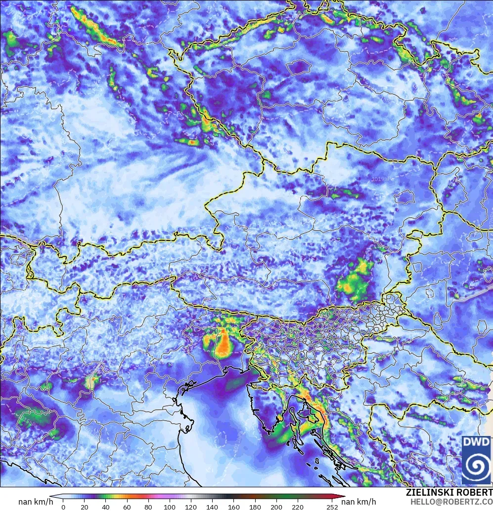 ICON Alemania 2 km modelo - Austria, Ráfagas de viento