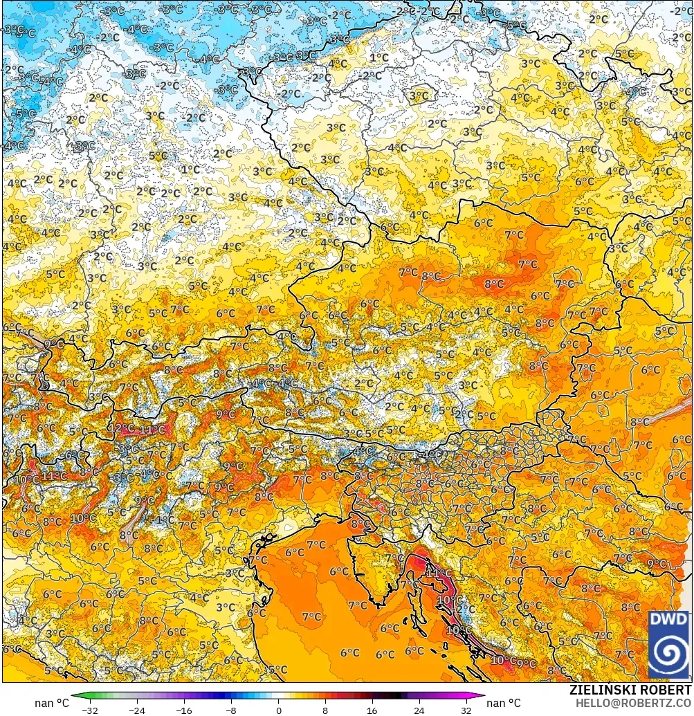ICON Alemania 2 km modelo - Austria, Anomalía de temperatura a 2 m